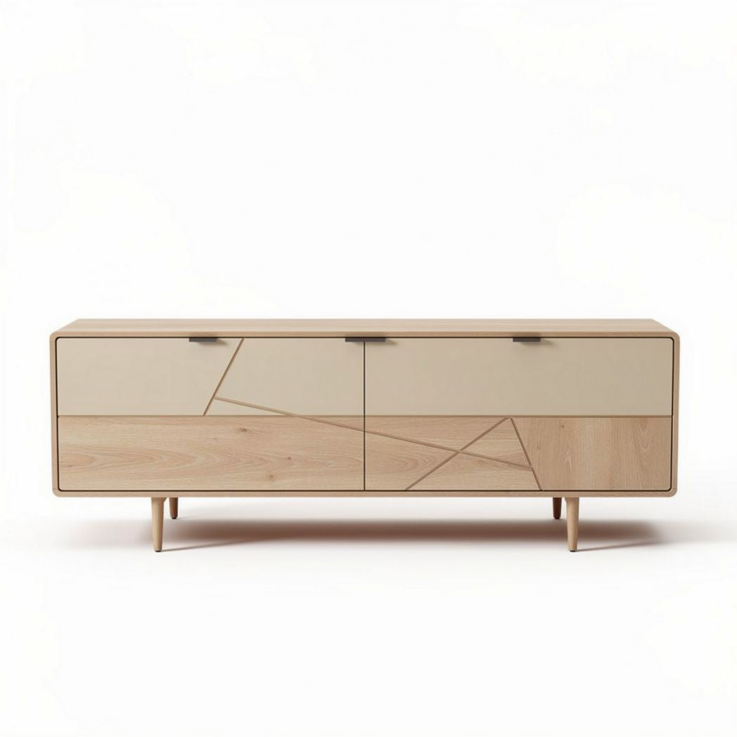 Modern wooden storage cabinet with geometric design and multiple drawers 150 x 40 x 50cm