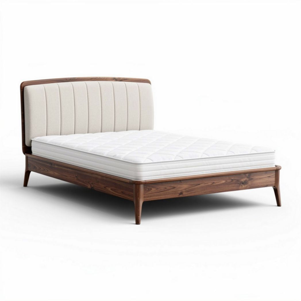 Wooden bed frame with upholstered headboard in beige 200 x 160 x 40cm