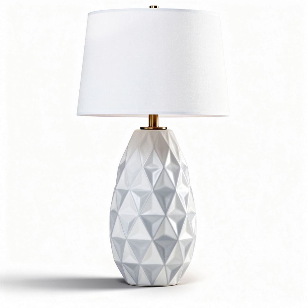 Ceramic table lamp with geometric design and white fabric shade 25 x 25 x 40cm