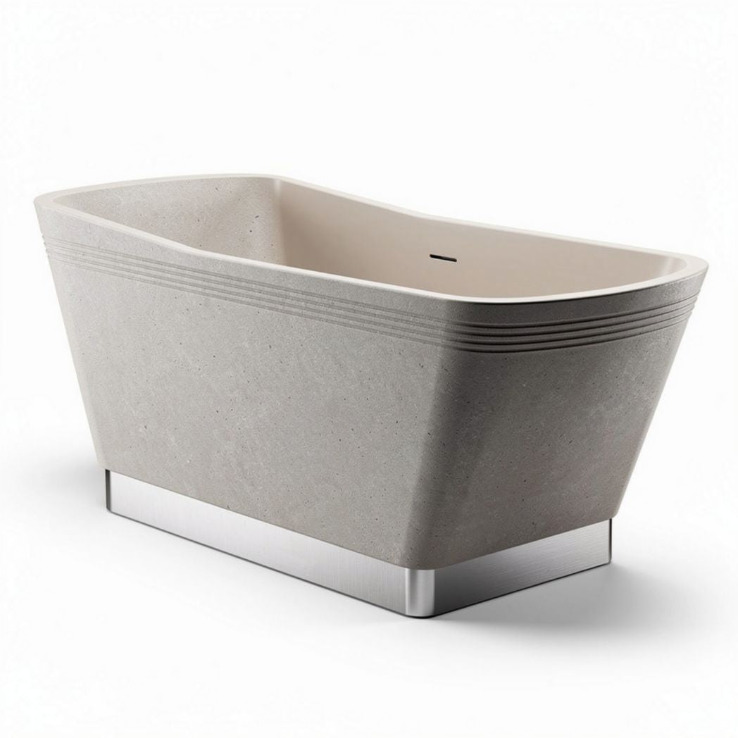 Freestanding soaking tub with a stone finish and brushed metal base 170 x 75 x 60cm