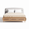 Upholstered bed frame with storage drawers in oak finish 210 x 160 x 100cm