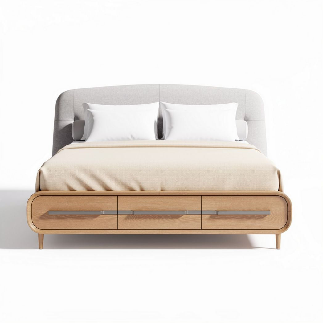 Upholstered bed frame with storage drawers in oak finish 210 x 160 x 100cm