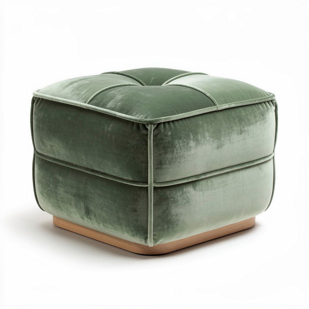 Velvet pouf ottoman in green color with wood base 40 x 40 x 40cm