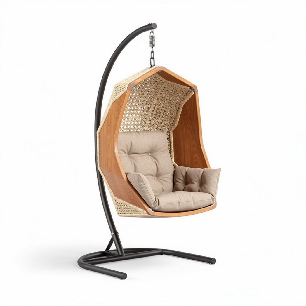 Hanging chair with rattan backrest cushion and steel frame in natural color